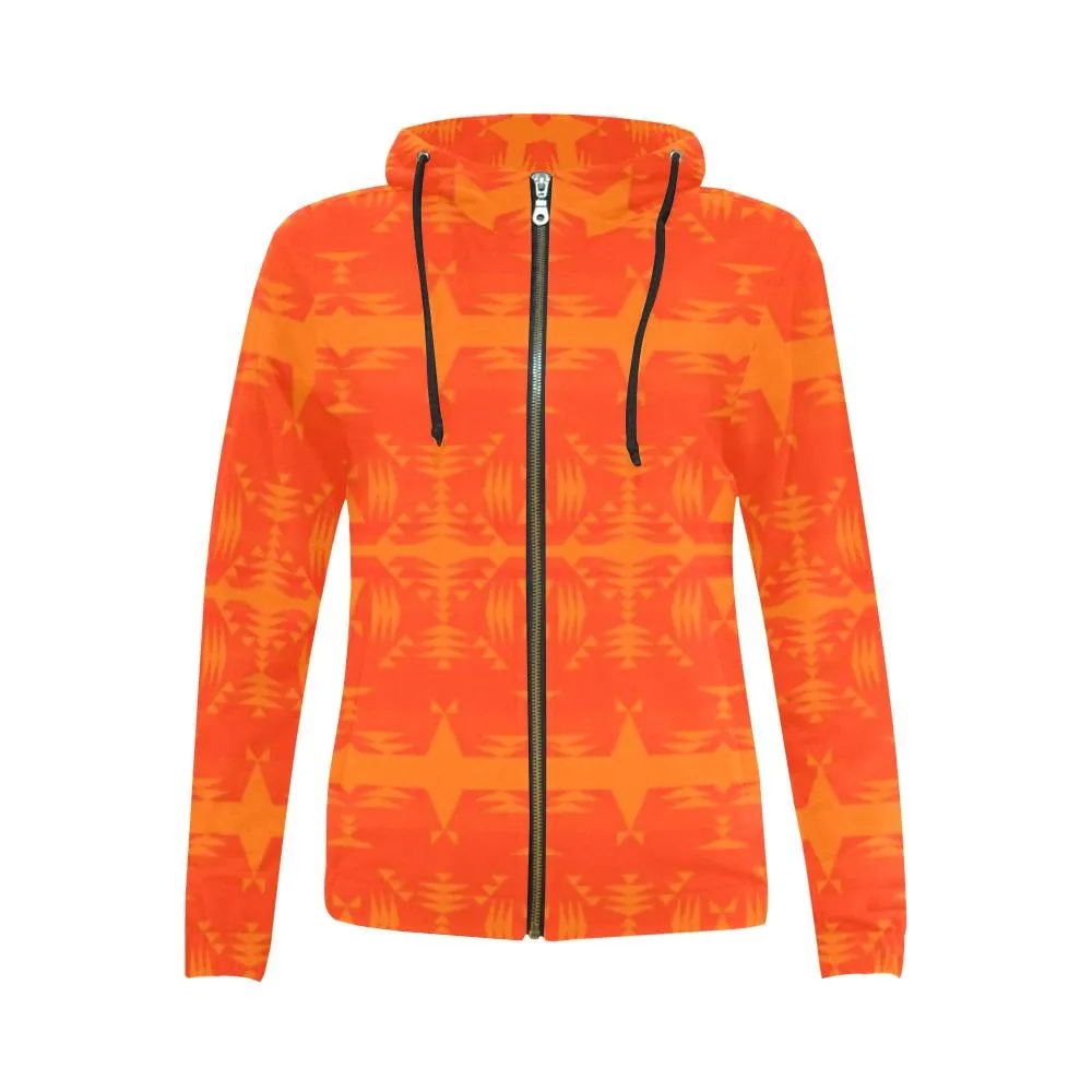 Between the Mountains Orange Feather Directions Full Zip Hoodie for Women