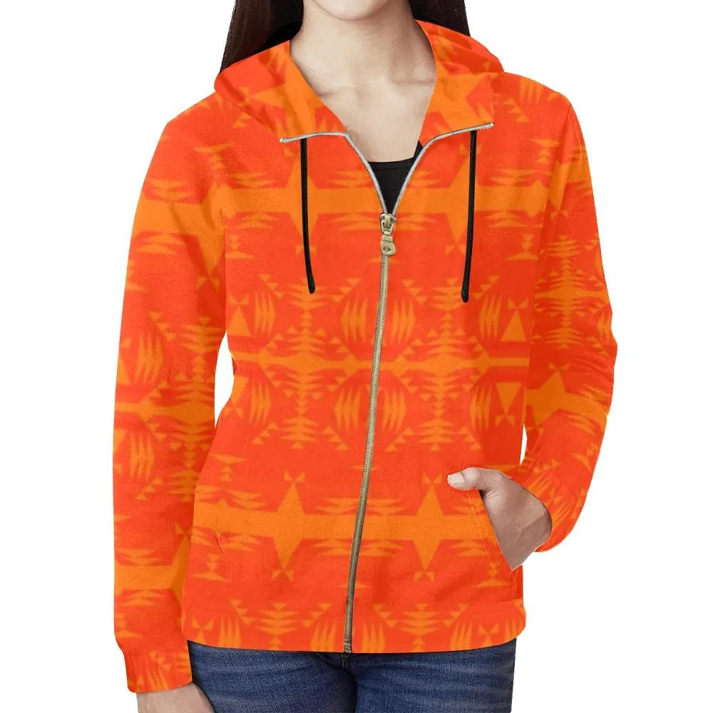 Between the Mountains Orange Feather Directions Full Zip Hoodie for Women