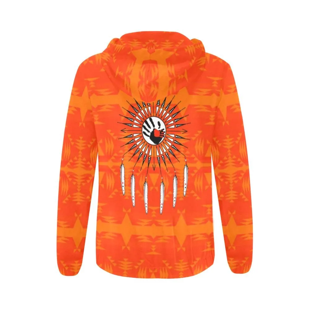 Between the Mountains Orange Feather Directions Full Zip Hoodie for Women
