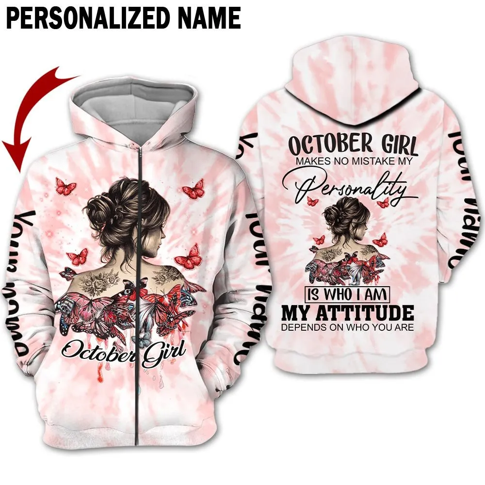 Personalized Name Birthday Outfit October Girl Hippie Bufterfly Red Birthday Shirt For Women